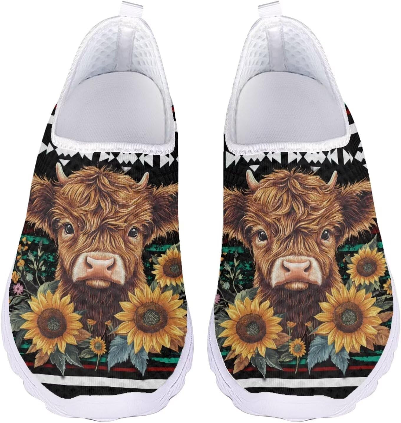 

Женские слипоны Jeiento для ходьбы с животным принтом, легкие кеды-тапочки, сетчатые теннисные кроссовки унисекс, пляжная водная обувь, Tribal Highland Cow Sunflowers