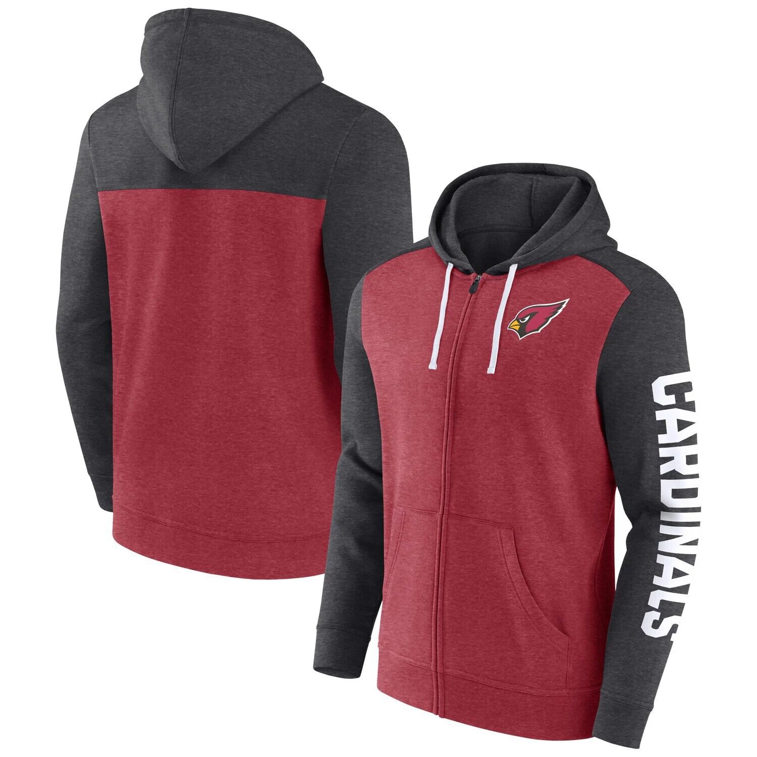 

Мужская толстовка с капюшоном на молнии во всю длину с логотипом Fanatics Heather Cardinal Arizona Cardinals Down and Distance