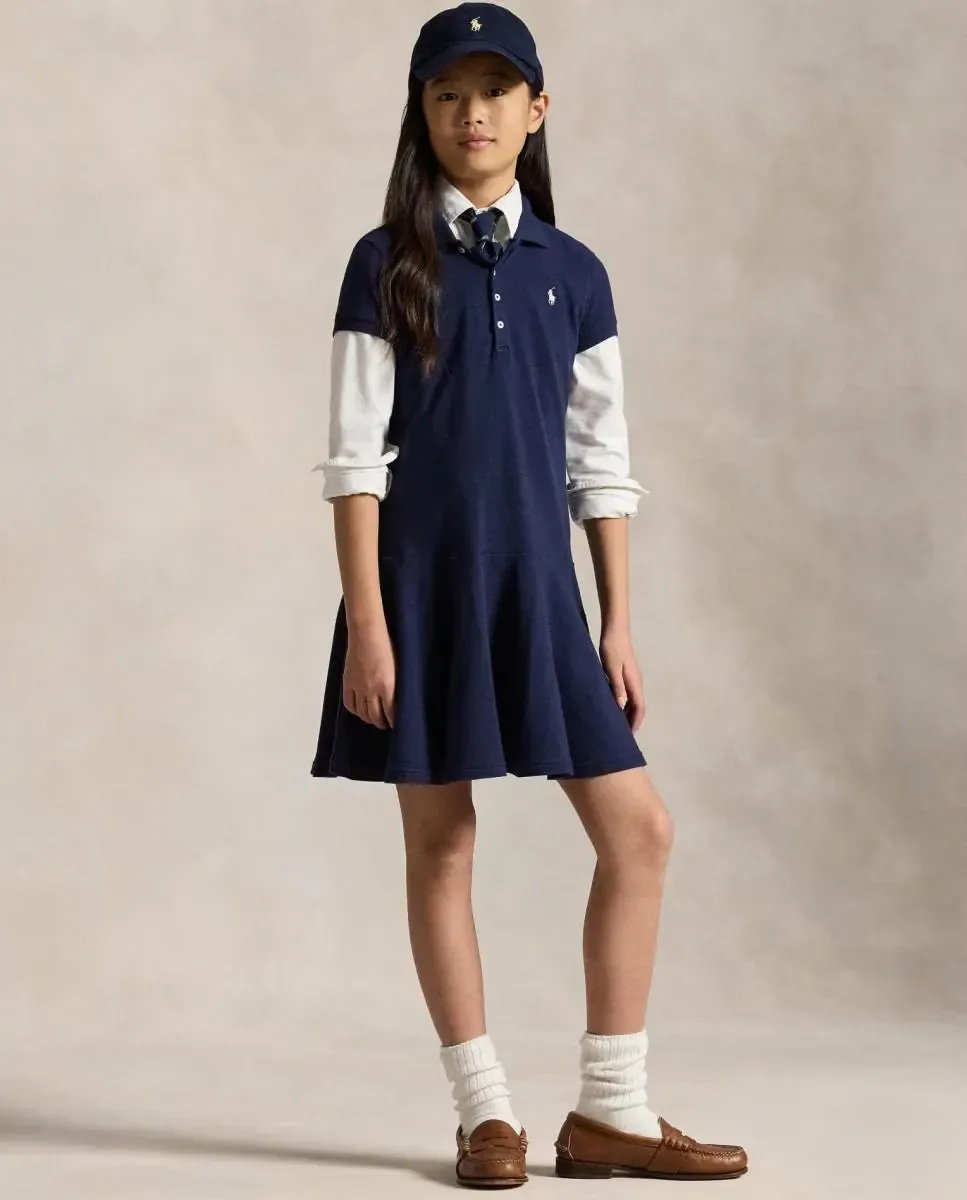 Детское платье поло из эластичного пике Polo Ralph Lauren, темно-синий