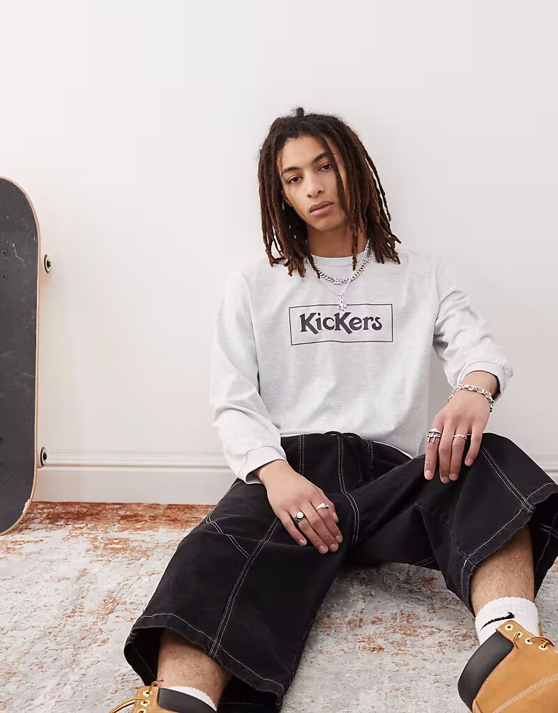 

Футболка Kickers с длинными рукавами и темно-синим принтом в светло-сером меланжевом цвете