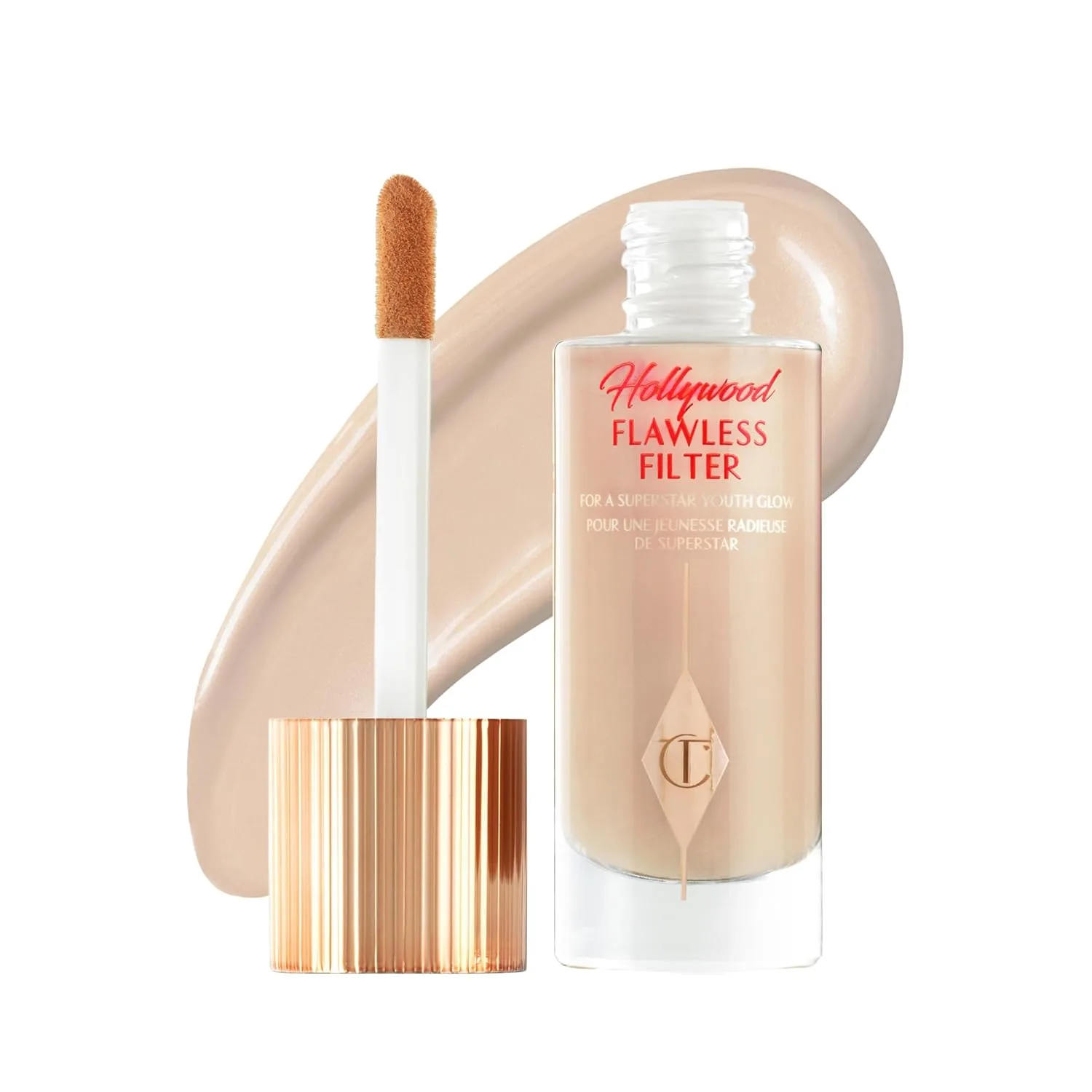 Charlotte Tilbury Hollywood Flawless Filter - Многофункциональная база под макияж, усилитель тона и жидкий хайлайтер с легким покрытием для разглаживания и сглаживания кожи, 4.5 Medium - Golden beige shade for medium skin tones