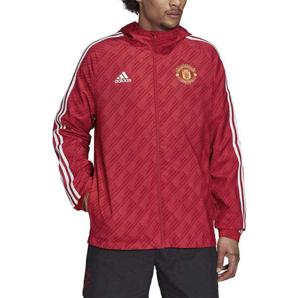 Куртка Men's adidas Solid Color Stand Collar Zipper Manchester United Soccer/Football Logo Sports Hooded Jacket Red, красный — фото 2