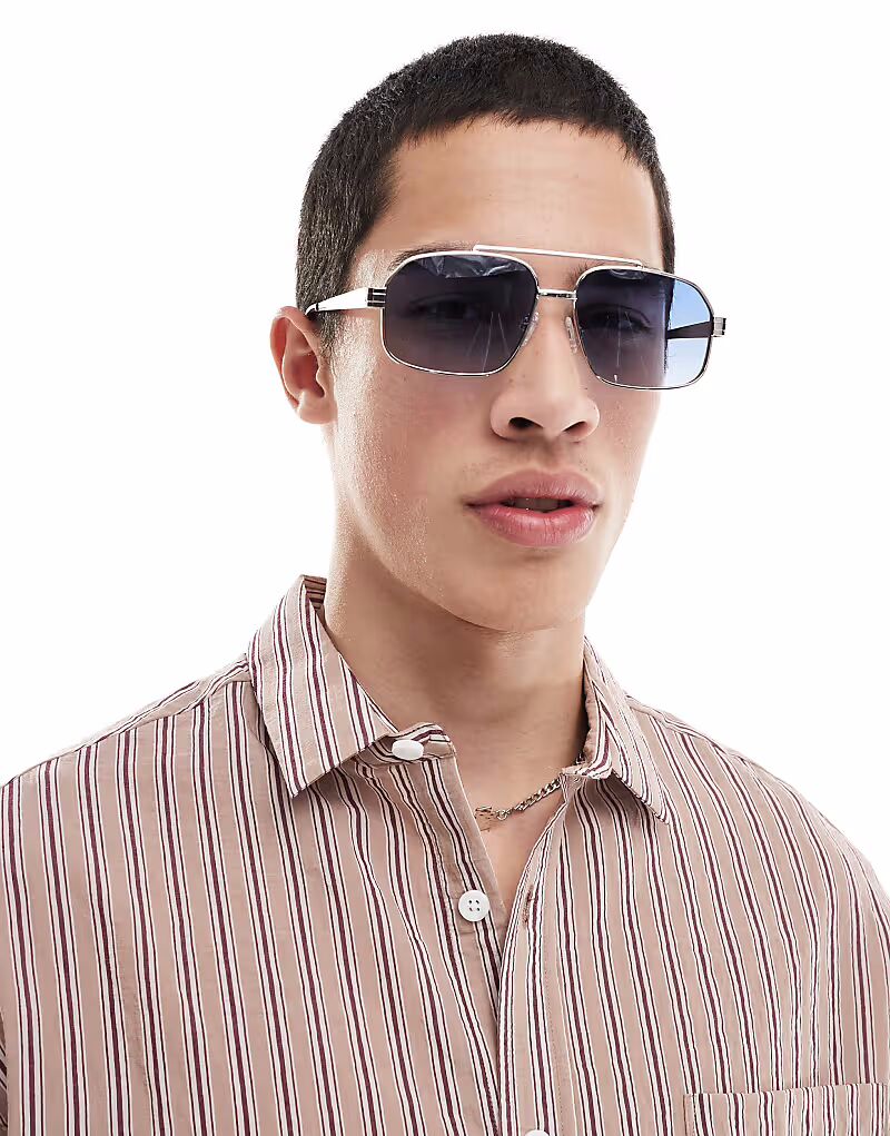 

Солнцезащитные очки-авиаторы с синими линзами и серебристой металлической оправой Asos Design