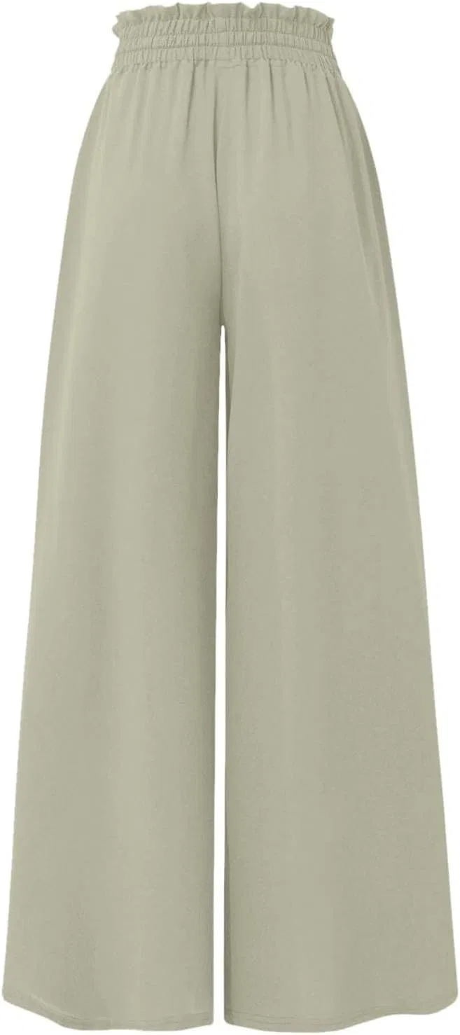 Женские брюки Flowy Pants с широкими штанинами и эластичным поясом, однотонные повседневные легкие брюки для отдыха Generic, зеленый — фото 3