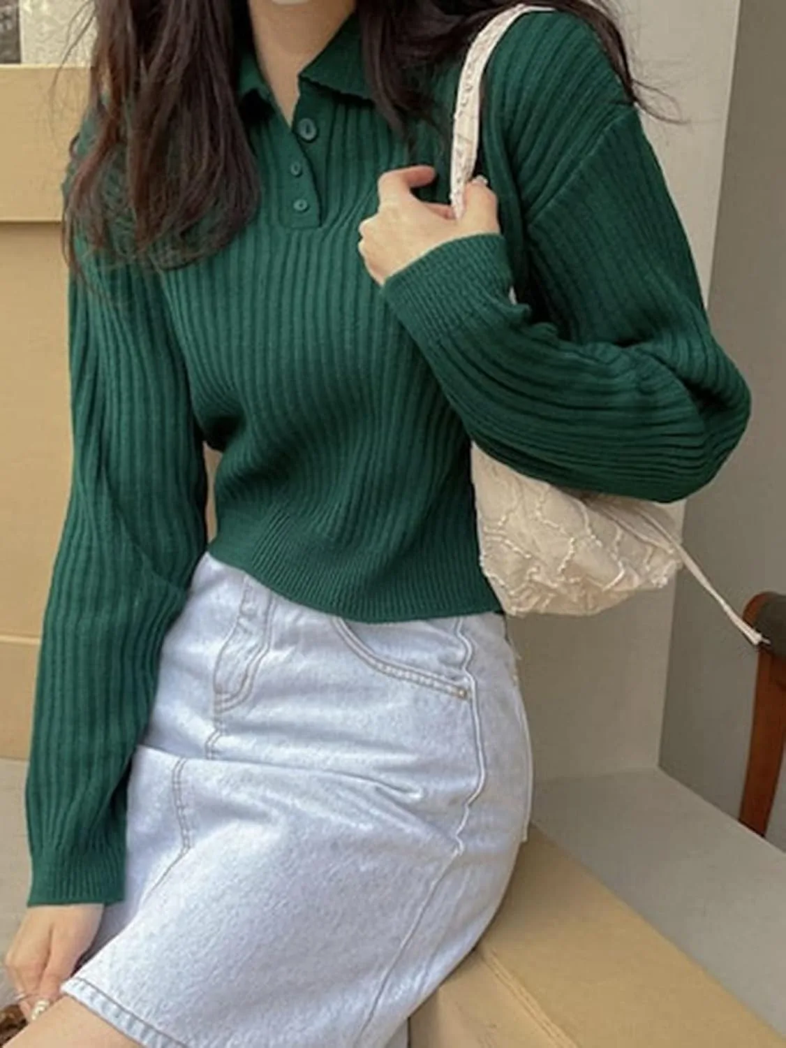 

Свитер поло с удлиненными плечами (цвет: Dark Green, размер: S) Neeno