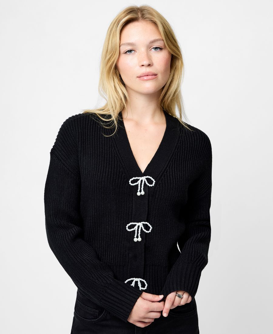 

Женский кардиган из мягкой пряжи с V-образным вырезом и бантом French Connection, Black