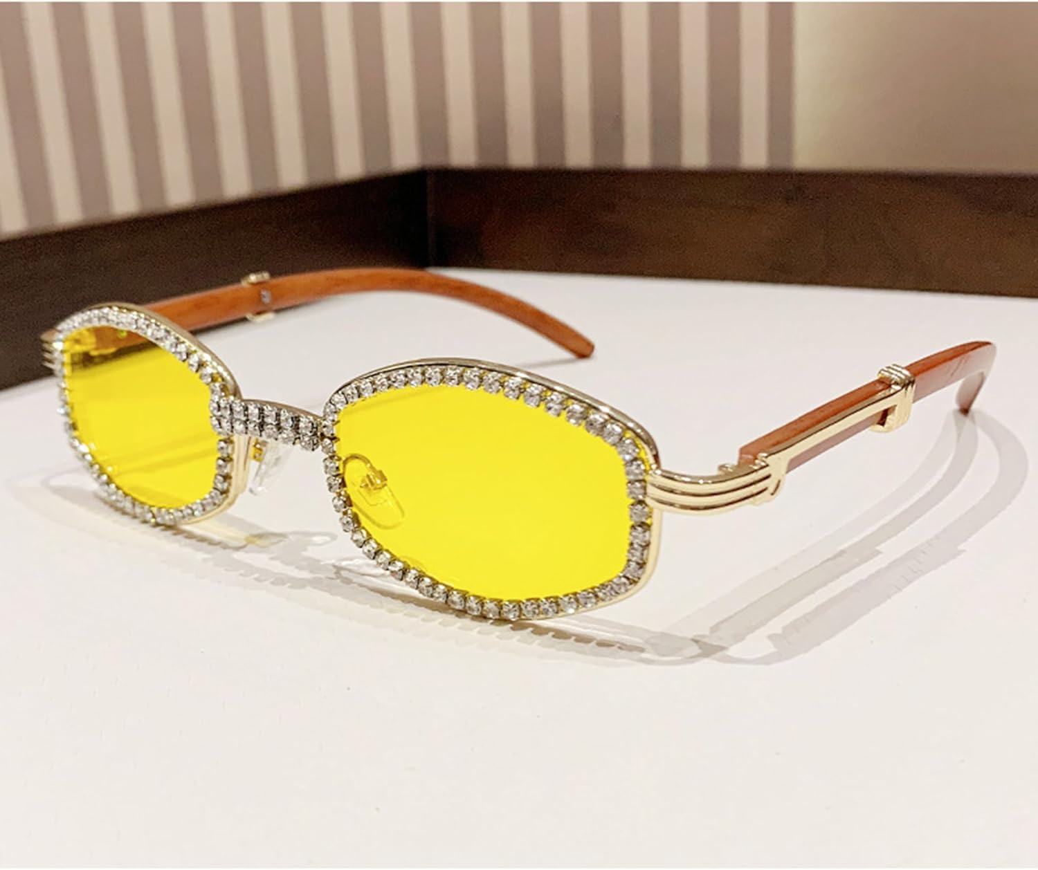 

Солнцезащитные очки bullabulling Diamond Square для мужчин и женщин, роскошные дизайнерские, в деревянной оправе, со стразами, в стиле панк, с защитой от УФ-излучения UV400, Yellow/Tea