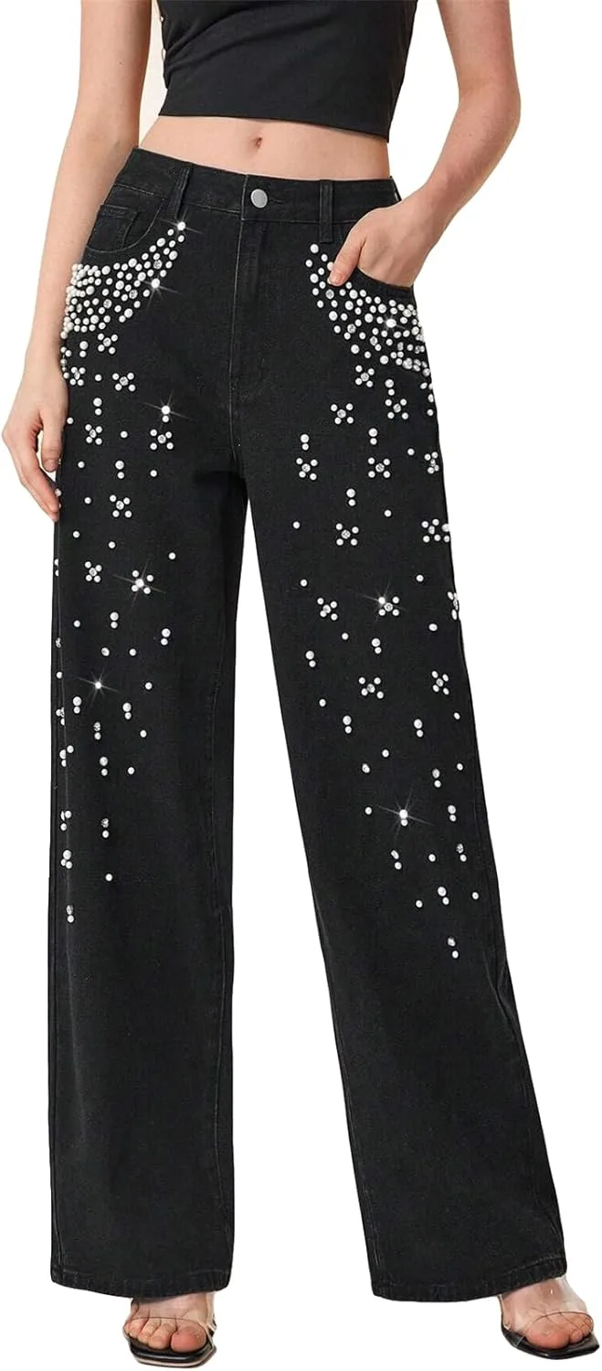 

Женские джинсы Qikaka с высокой талией и стразами