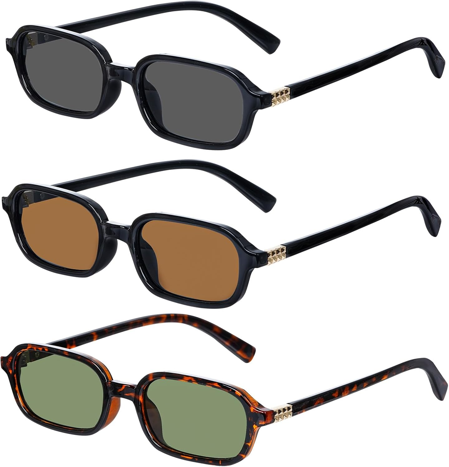 

3 шт. Ретро прямоугольные солнцезащитные очки для женщин, винтажный тренд, мода Y2K, маленькая квадратная оправа, стиль 90-х, защита от УФ-излучения yeabwps, Black/Gray+black/Brown+leopard Print/Green