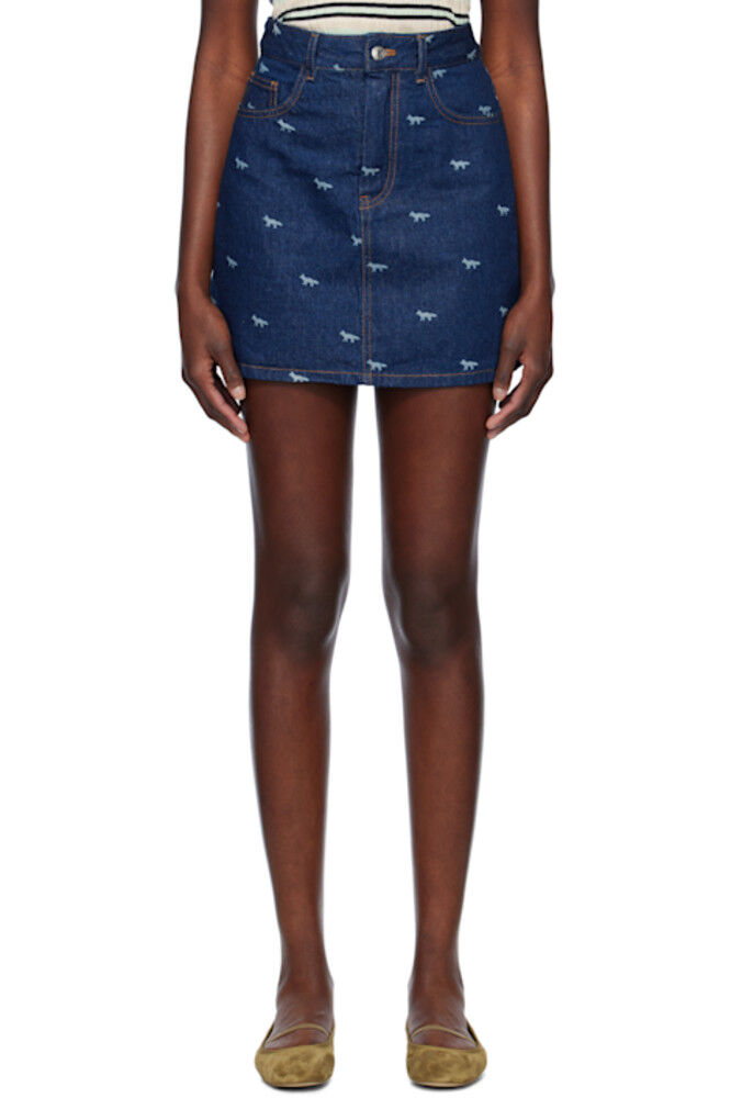 

Синяя джинсовая мини-юбка с лазерной печатью Maison Kitsuné
