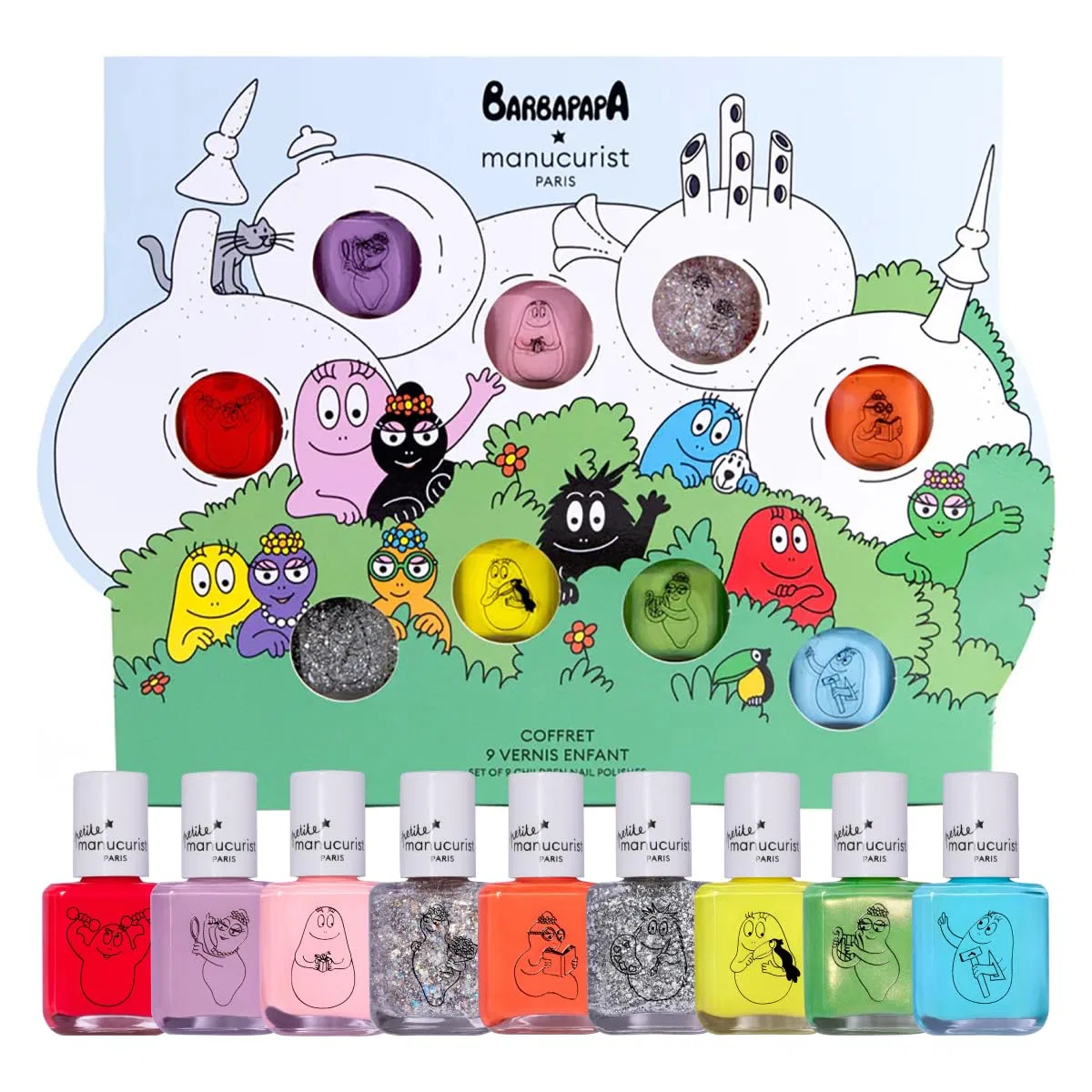 Детский набор лаков для ногтей «Barbapapa Family» Manucurist, Purple, Opal Purple, Multicoloured Glitter, Country Trousers, Sky Blue, Yellow, Red, Orange, Silver Glitter