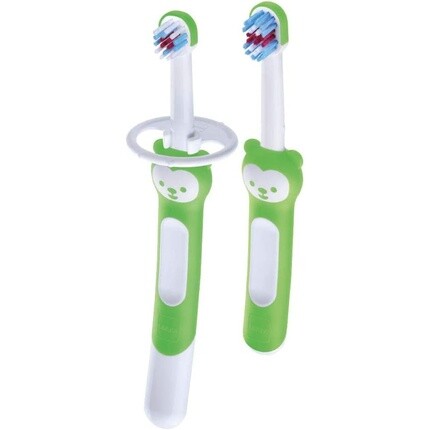 

Набор детской зубной щетки Mam Learn to Brush с длинной ручкой для гигиены полости рта, мягкие зубные щетки зеленого цвета, 60 г