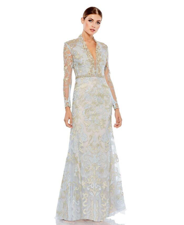 

Женское платье с длинным рукавом и v-образным вырезом с аппликацией Mac Duggal, синий