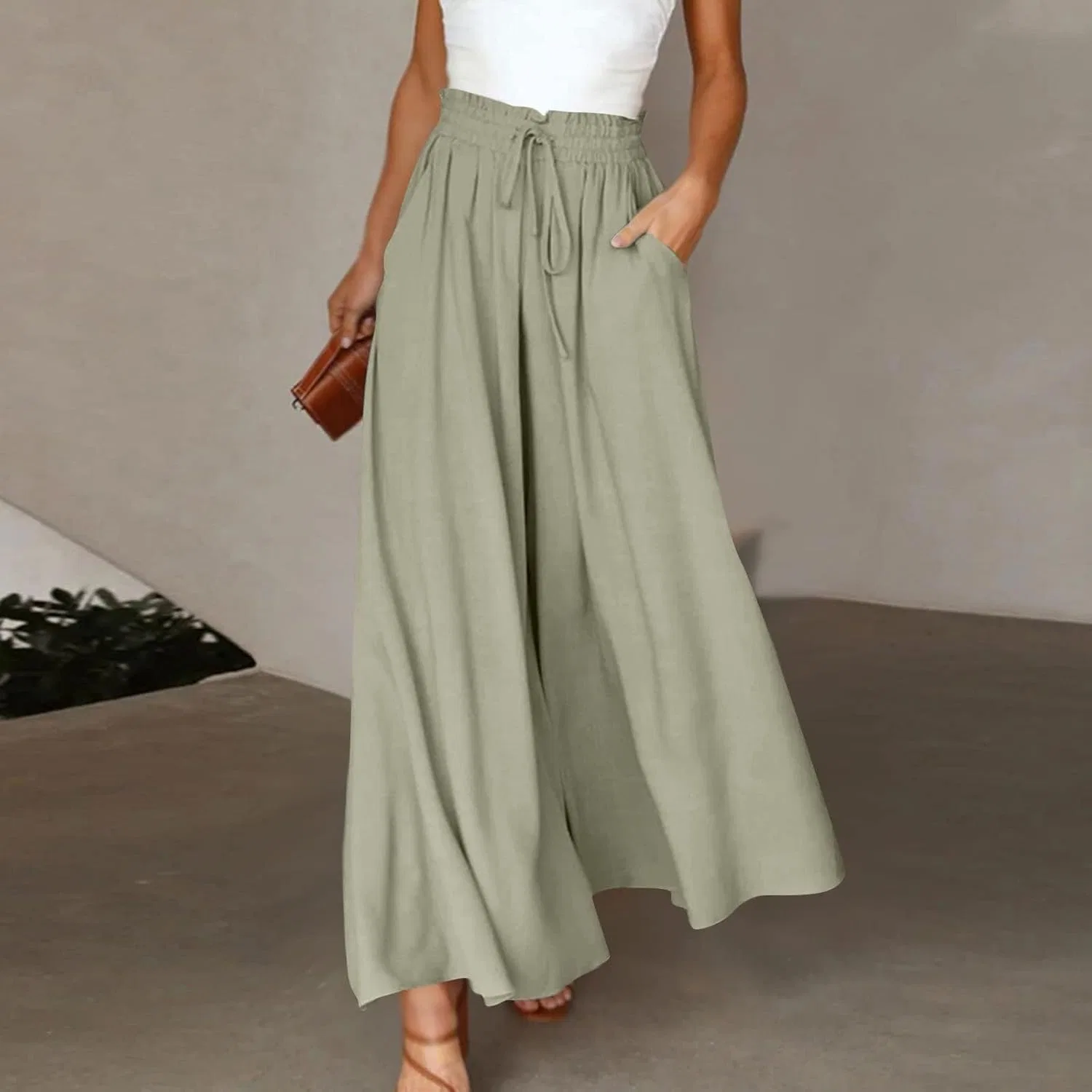 Женские брюки Flowy Pants с широкими штанинами и эластичным поясом, однотонные повседневные легкие брюки для отдыха Generic, зеленый — фото 2