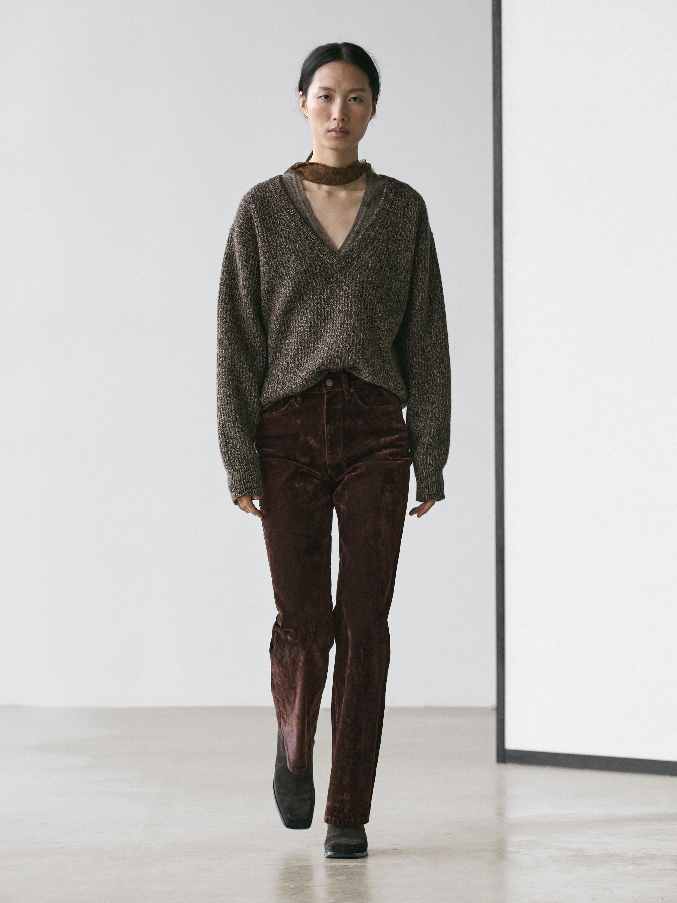 

Джинсы bootcut с высокой посадкой и флокированным покрытием Massimo Dutti, chocolate