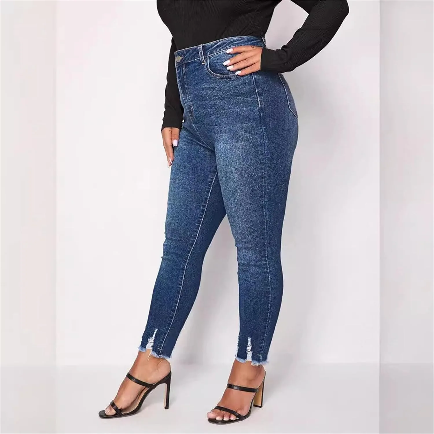 Женские джинсы Skinny Raw Hem, зауженные, с высокой посадкой, Plus Size — фото 4