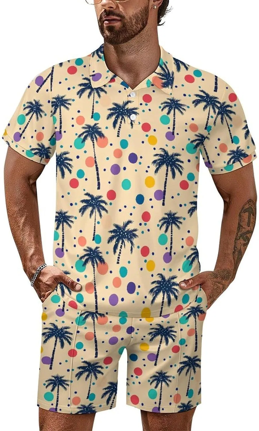 Мужской спортивный костюм с принтом Coconut Trees, футболка поло и шорты, Style
