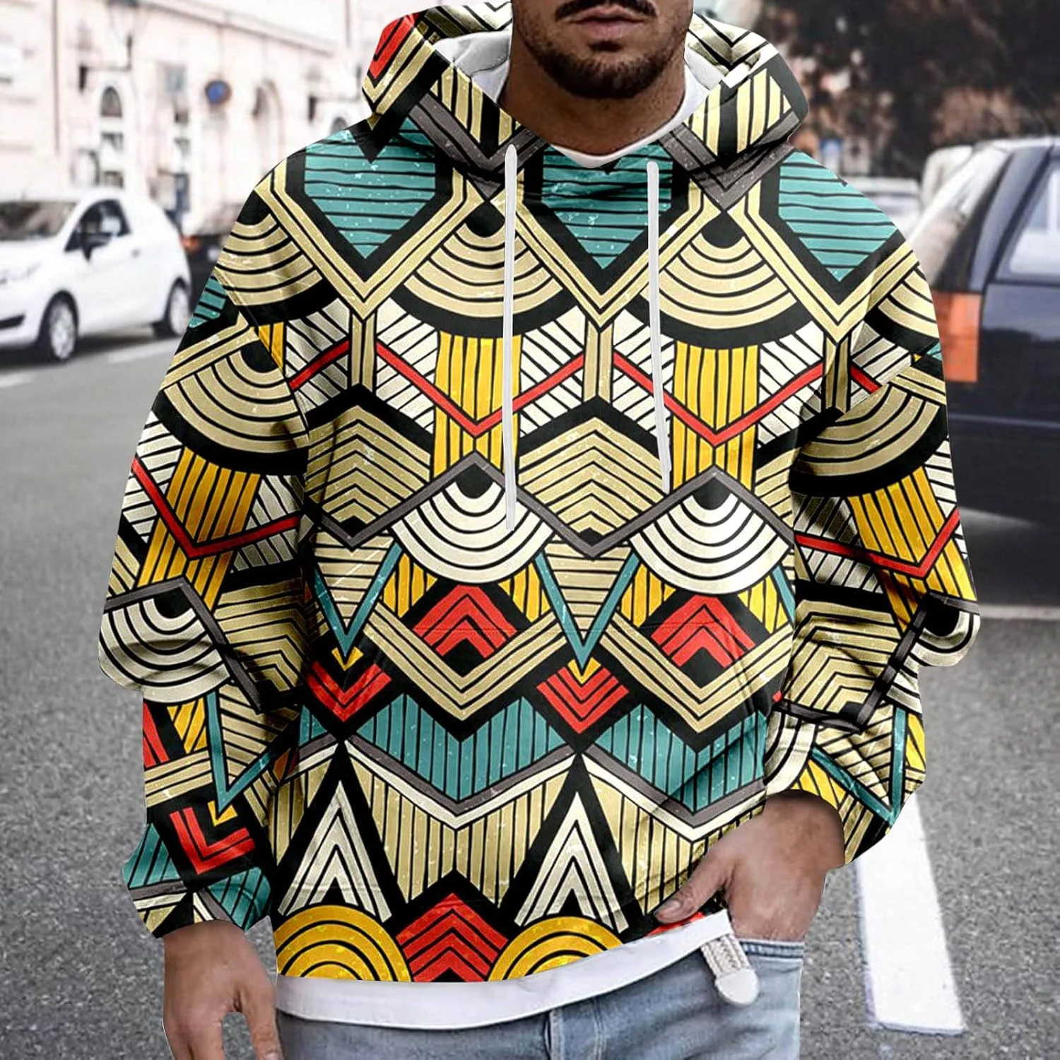 Мужская толстовка с капюшоном Casual, принт African Dashiki, с карманами — фото 2
