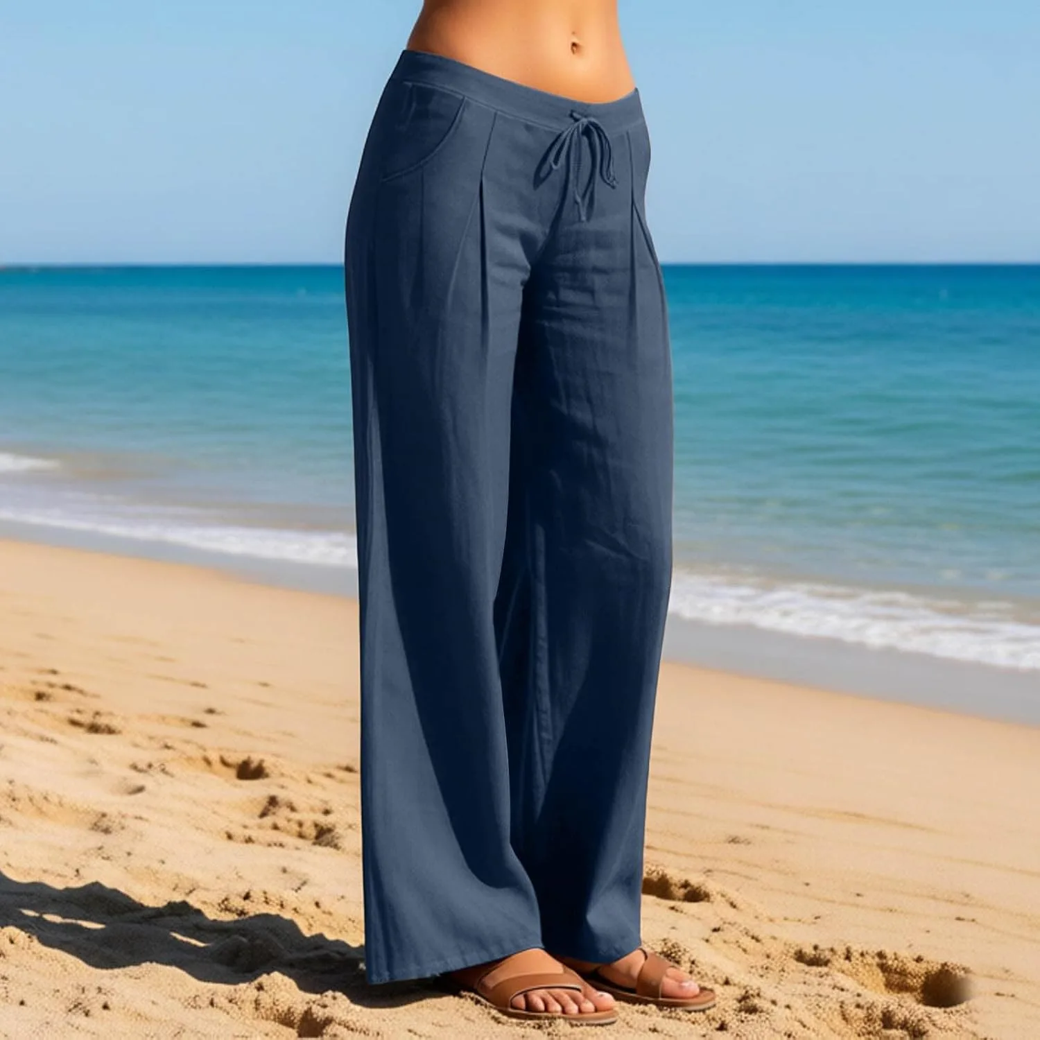 Льняные брюки Women 2026 Wide Leg с кулиской и эластичной резинкой на поясе, Casual, свободные, с карманами Generic, темно-синий — фото 2
