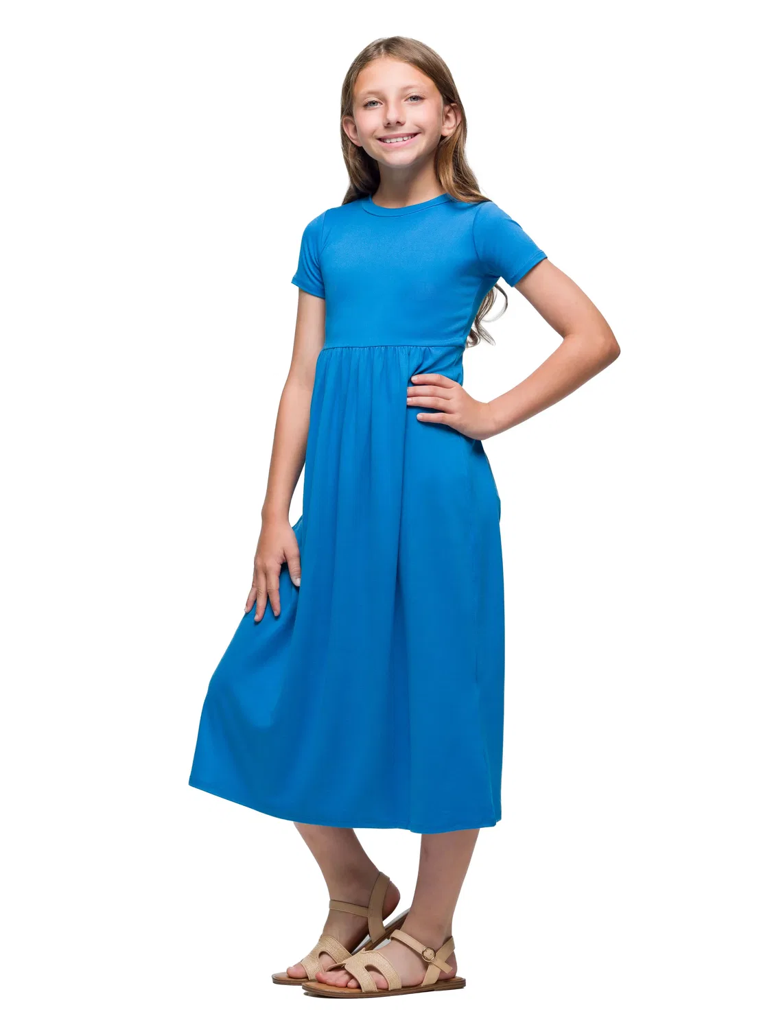 Платье миди с коротким рукавом и плиссировкой для девочек от 24sevenkid 24seven Comfort Apparel, бирюзовый — фото 2