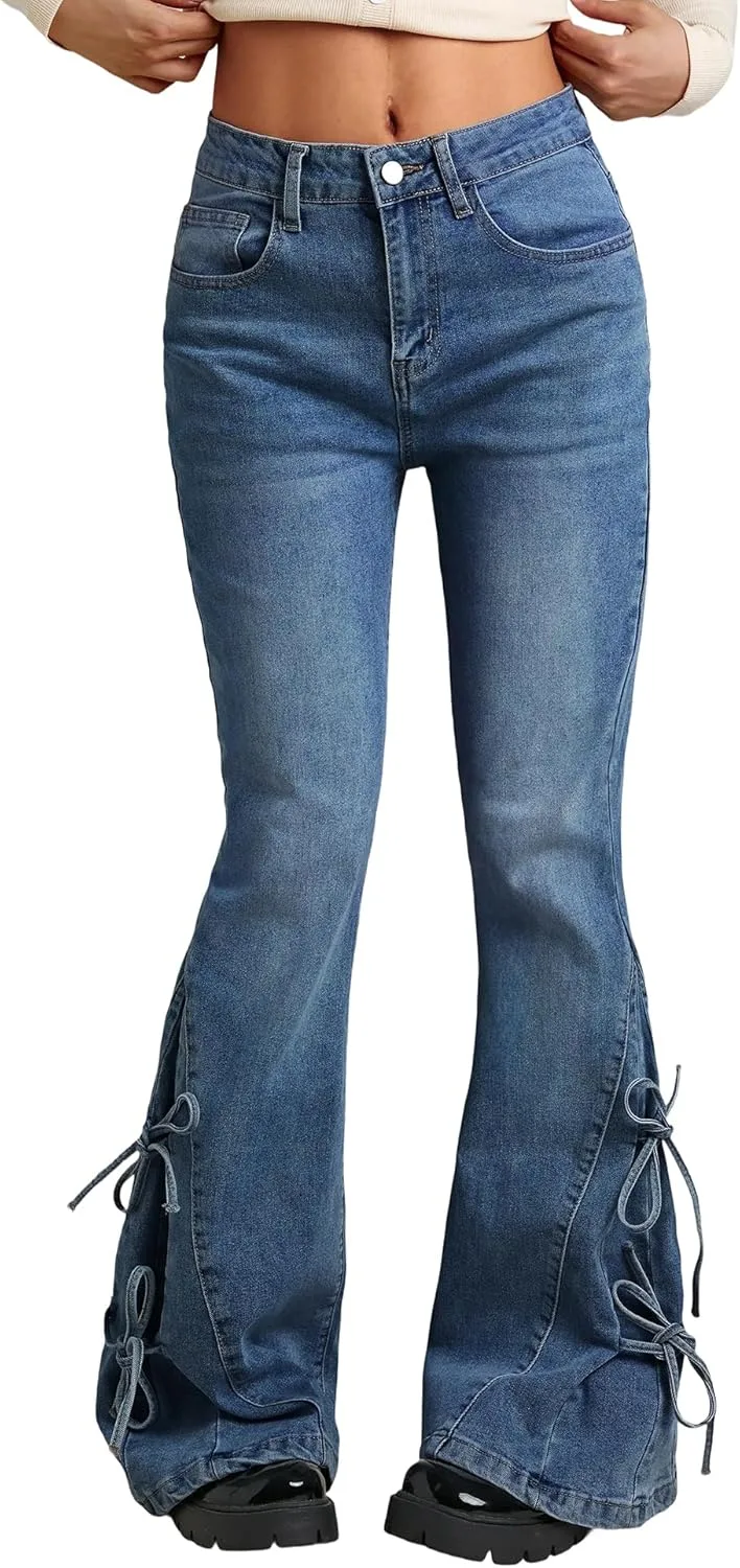 

Женские джинсы Bell Bottom с кружевной шнуровкой и бантом EMMIOL