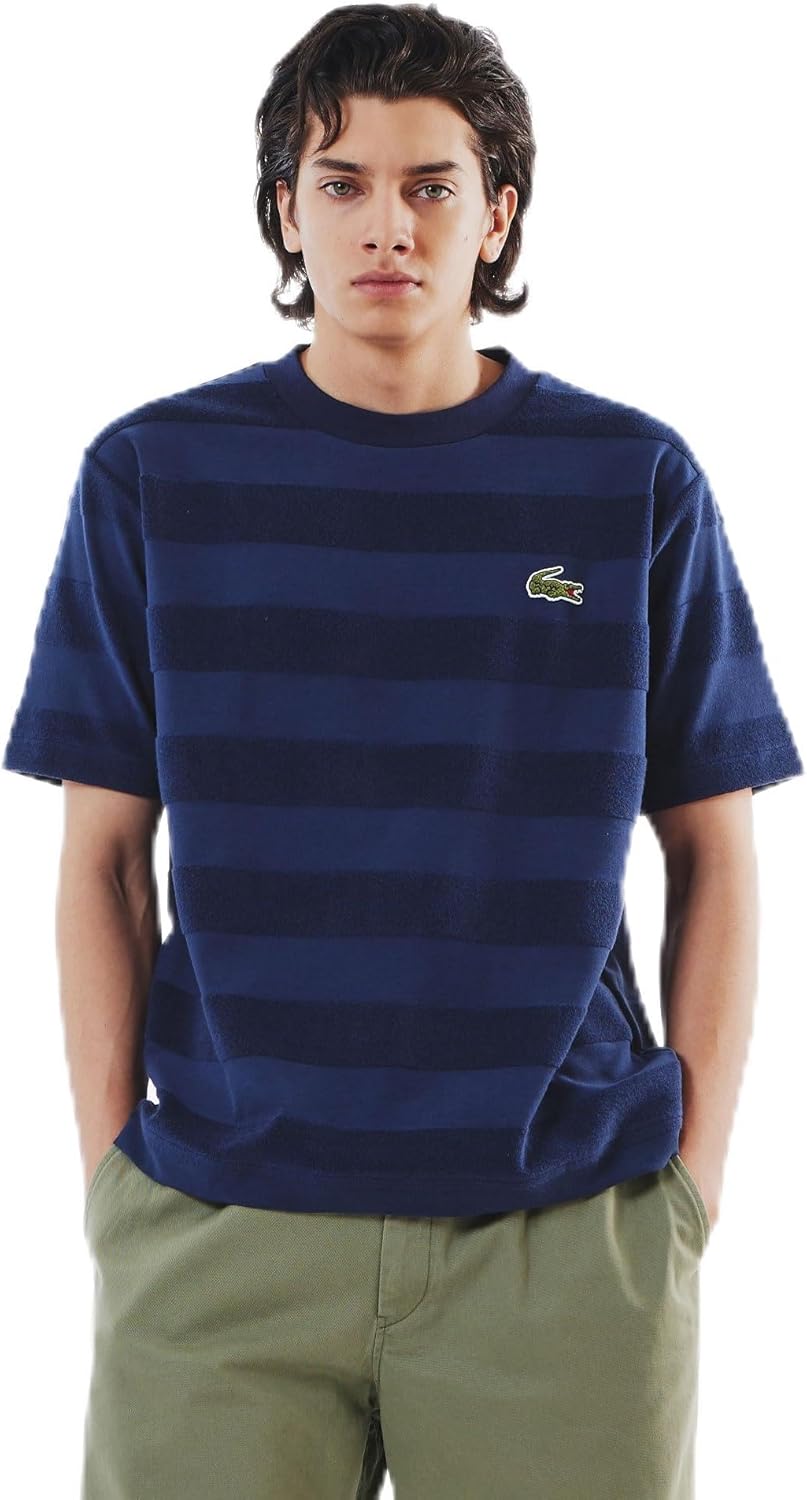 

Футболка мужская из ткани с рисунком плитка и полосками того же цвета Lacoste, темно-синий