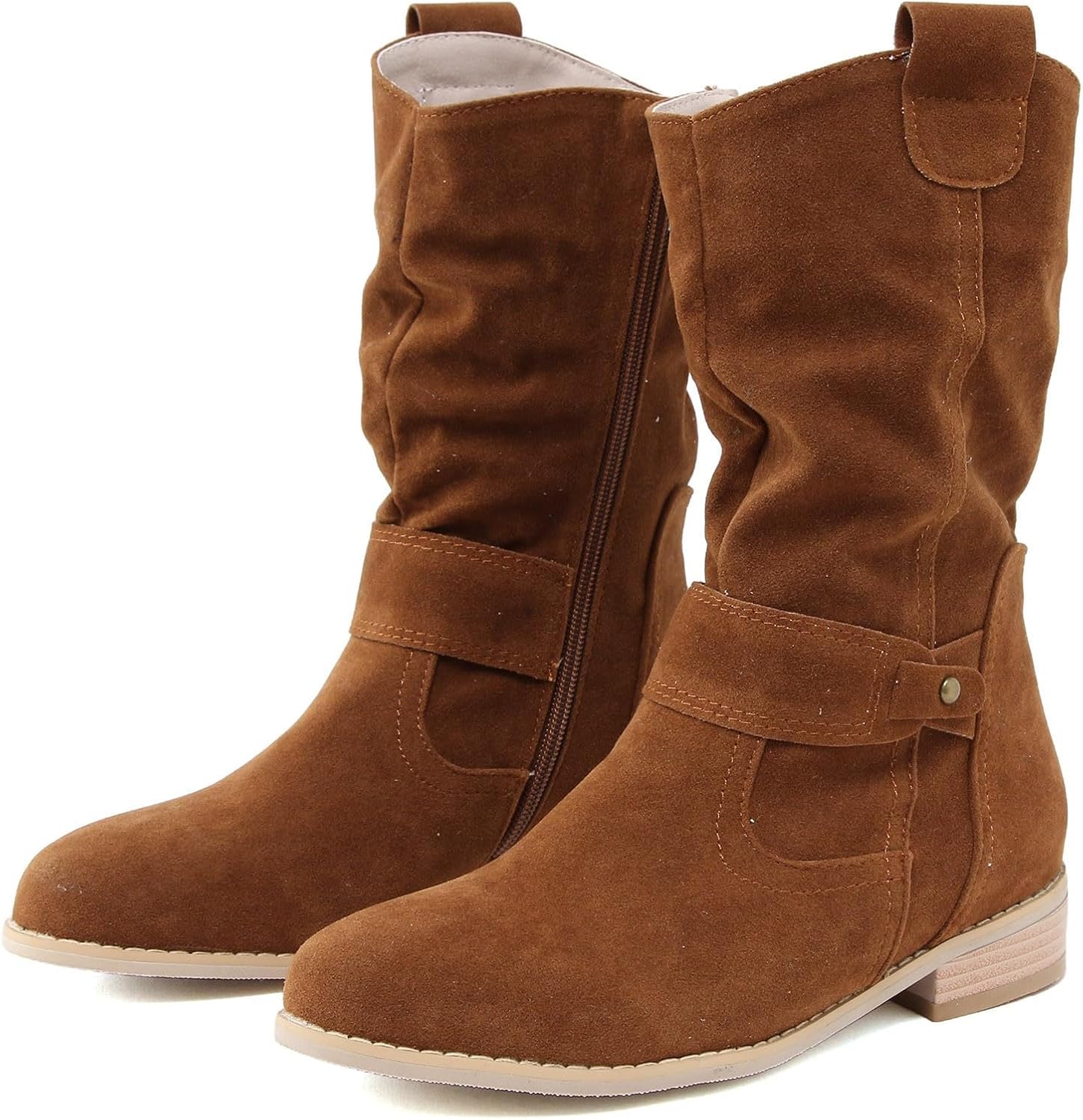 

Женские ботинки широкого размера на щиколотку Винтажные невысокие каблуки Мягкие средние сапожки из замши заостренный носок Вестерн ковбойские короткие ботинки с боковой молнией Baxtayel, коричневый