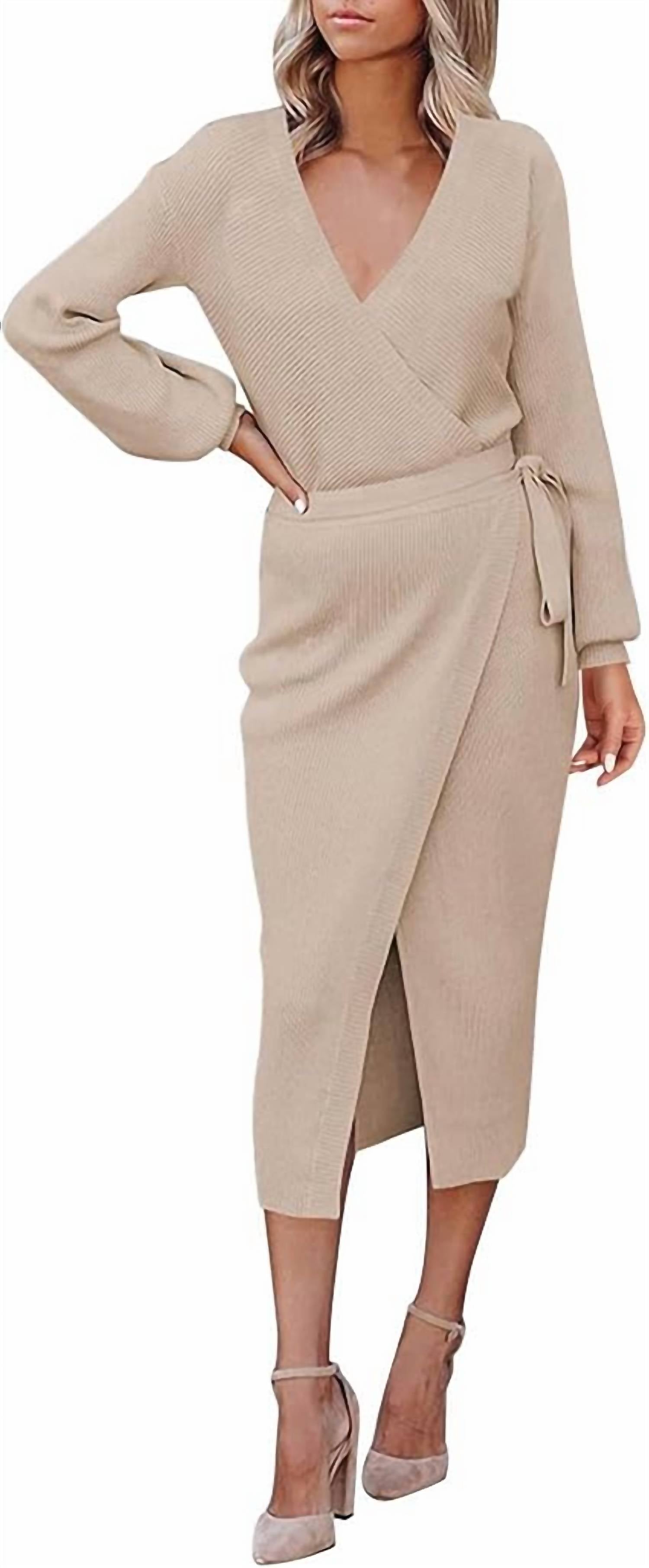 

Трикотажное платье цвета хаки с V-образным вырезом и длинными рукавами, поясом Nihao Jewelry, хаки