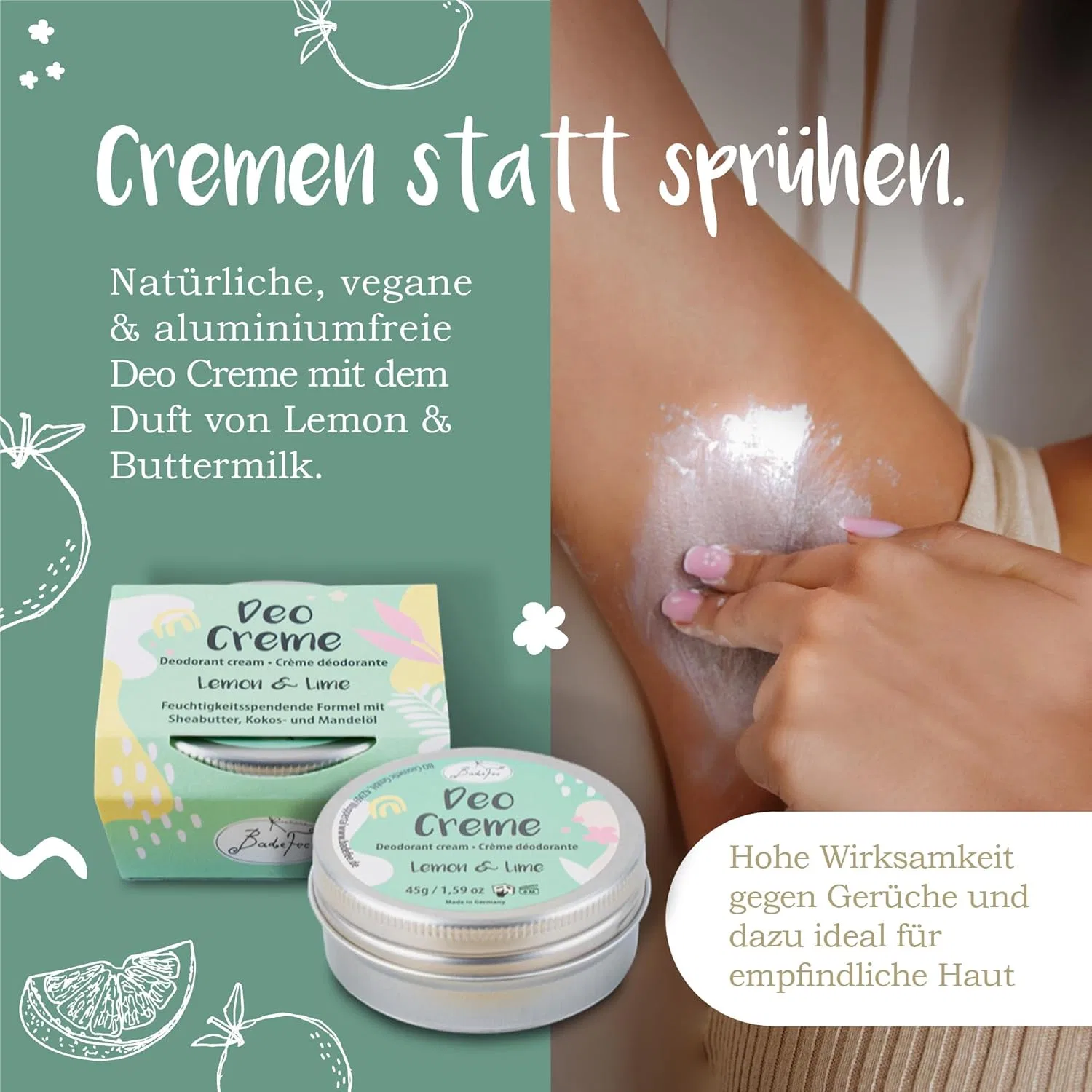 Веганский дезодорант-крем «Lemon & Lime» (цитрусовый аромат) от BadeFee Badefee — фото 2