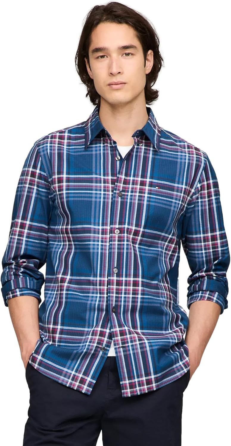 

Мужская фирменная рубашка TOMMY HILFIGER с длинным рукавом и застежкой на пуговицы, классического кроя, коллекция 2025 года, Plaid Navy Multi.