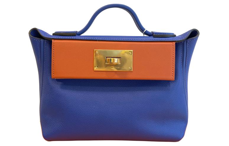 

24/24 Evercolor и Swift Calfskin Поясная Сумка, Портативная Наплечная Сумка, Миниатюрная Женская Сумочка Синий и Оранжевый HERMES