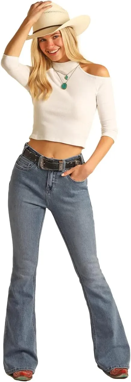 

Джинсы-клеш Rock and Roll Cowgirl с высокой посадкой и дизайном Blue Star на спине Wash