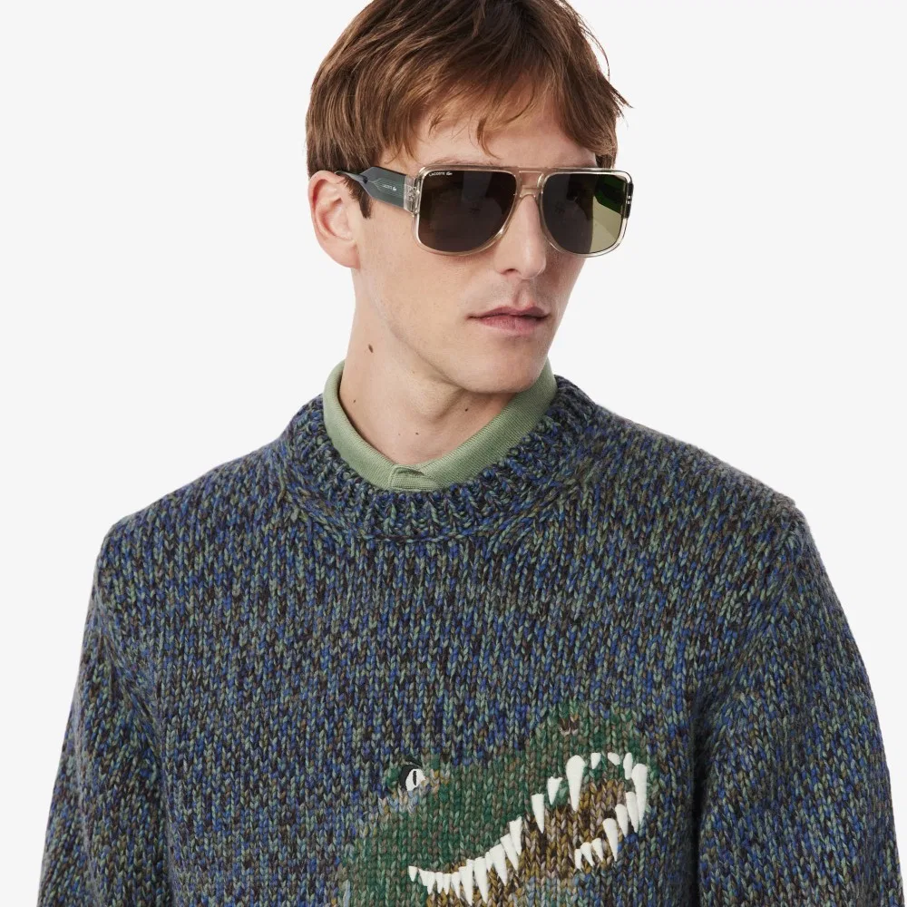 Мужской тяжёлый пуловер с интарсией синего цвета от Lacoste — фото 2