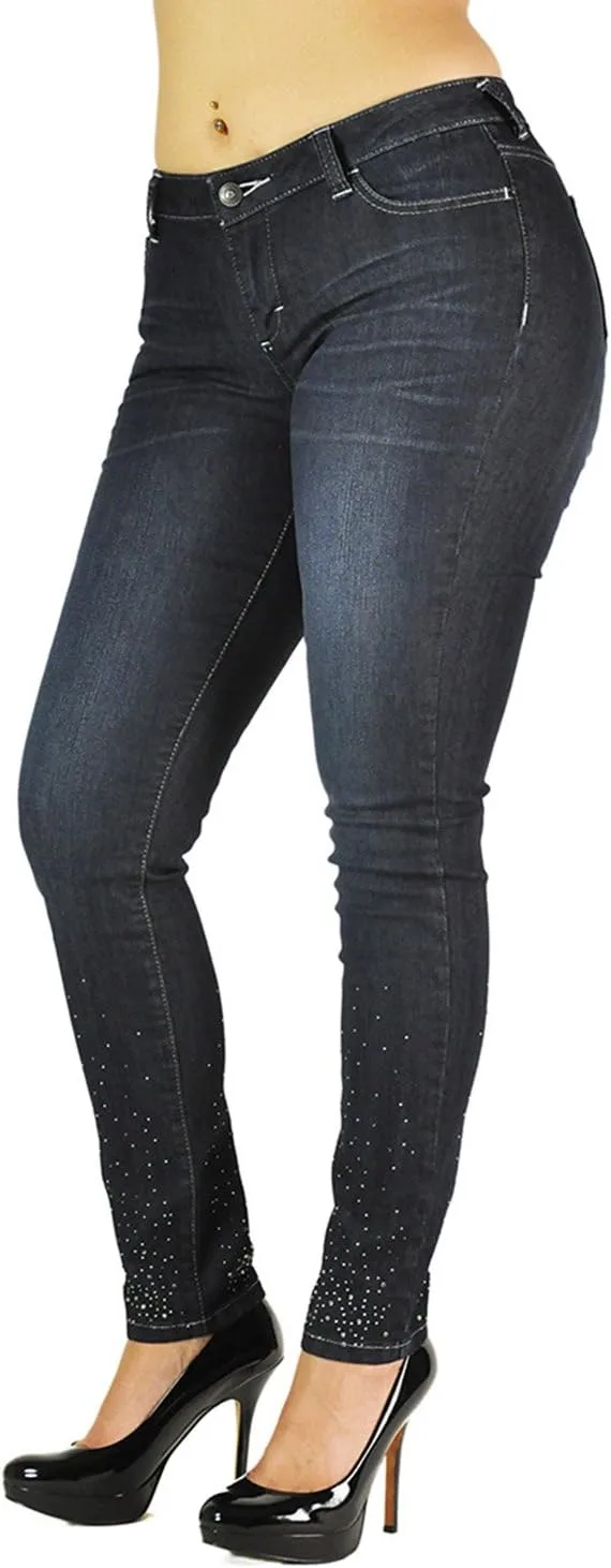 

Poetic Justice Womens Curvy Fit Blue Stretch Denim Diamond Embossed Skinny Jeans