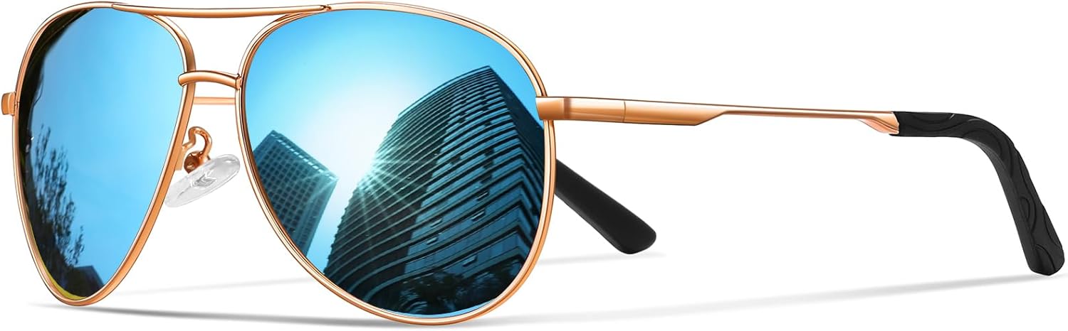 

Солнцезащитные очки для мужчин, поляризованные, авиаторские, для мужчин и женщин, для рыбалки, вождения, с металлической оправой и защитой от УФ-излучения UV400 phikttu, Rose Gold Blue Lens