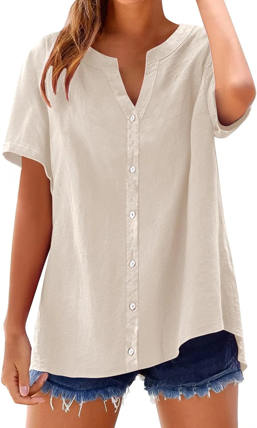 Блуза свободного кроя с воротником-стойкой, Loose Button Shirt Top, бежевый