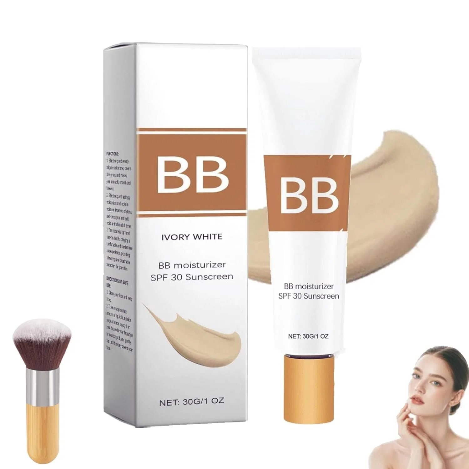 Крем для лица SPF30 YUXTTH Тонирующий увлажняющий BB с кистью, Ivory White