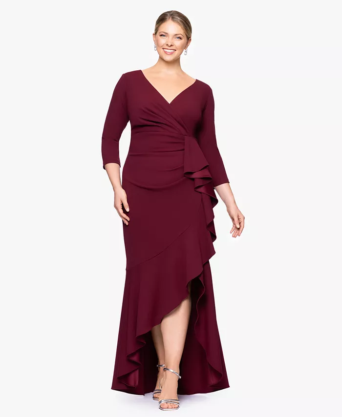 

Платье с V-образным вырезом и длинными рюшами больших размеров Betsy & Adam, красный