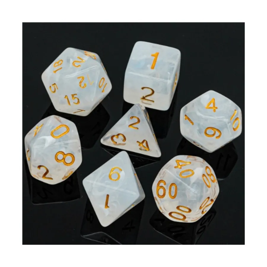 

Комплект Poly — белый шелк с золотом (7), Dice Sets - Resin/Acrylic - Black, Grey, White, & Metallics (Foam Brain Games)