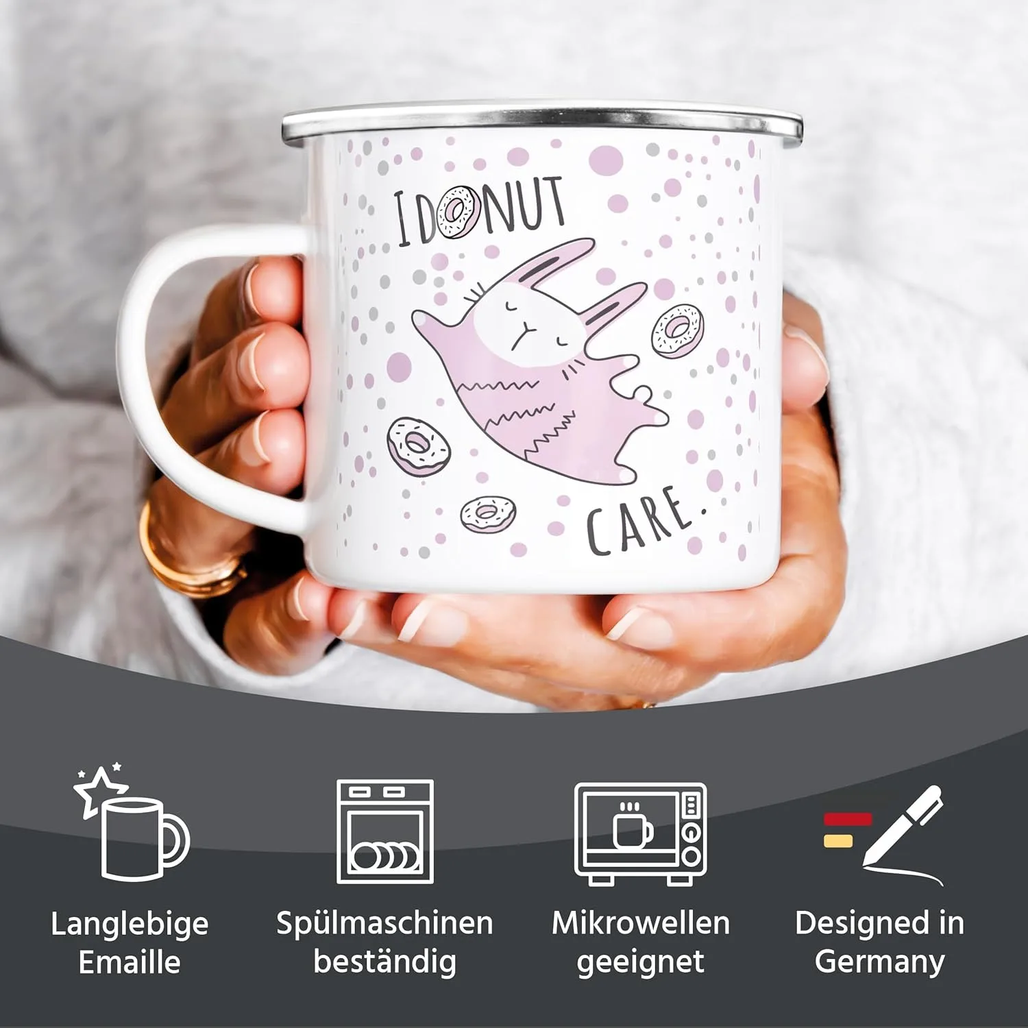 MoonWorks эмалированная кружка с надписью I Donut Care и кроликом, детская кружка, розовая, забавная, белая металлическая эмалированная кружка — фото 4
