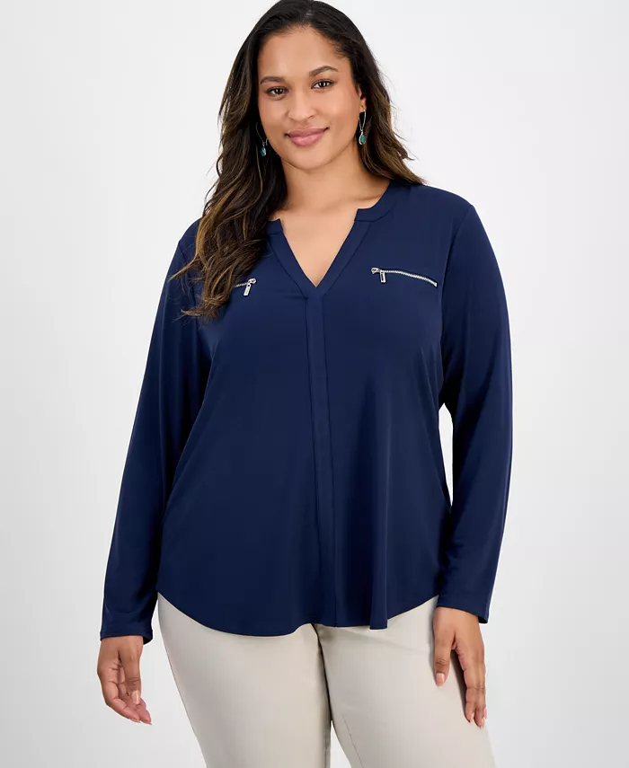 

Однотонный топ с V-образным вырезом и длинными рукавами размера плюс JM Collection, синий