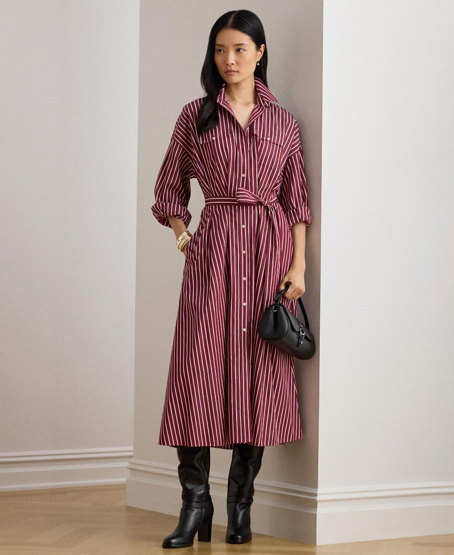 

Женское полосатое платье-рубашка из ткани с поясом Lauren Ralph Lauren, Burgandy/white Multi