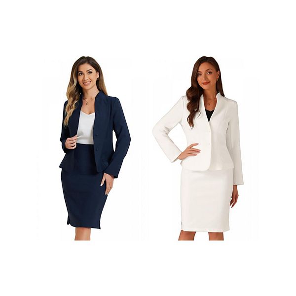 

2 упаковки 2-предметных деловых комплектов для женщин: пиджак без воротника и классическая юбка-карандаш Allegra K, Dark Blue White