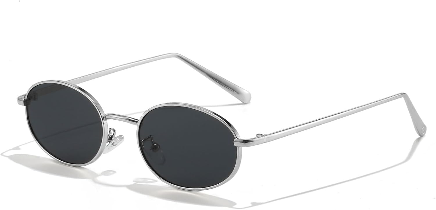 

Ретро овальные солнцезащитные очки для женщин и мужчин в стиле 90-х, модные маленькие круглые солнцезащитные очки золотистого цвета, узкая металлическая оправа SUNBSR, Silver/Grey