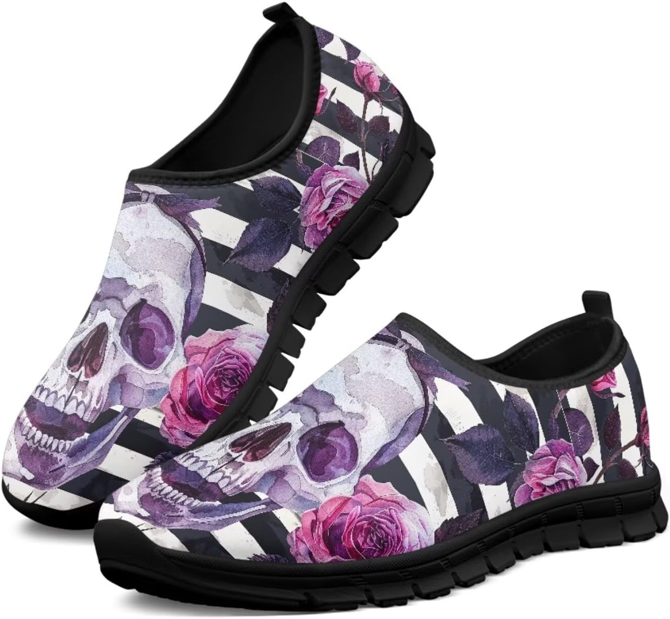 

Мокасины с принтом черепа Hsaiyjsp для мужчин и женщин, кроссовки без шнурков, дышащие обувь для бега и ходьбы, Black & White Stripes Skull