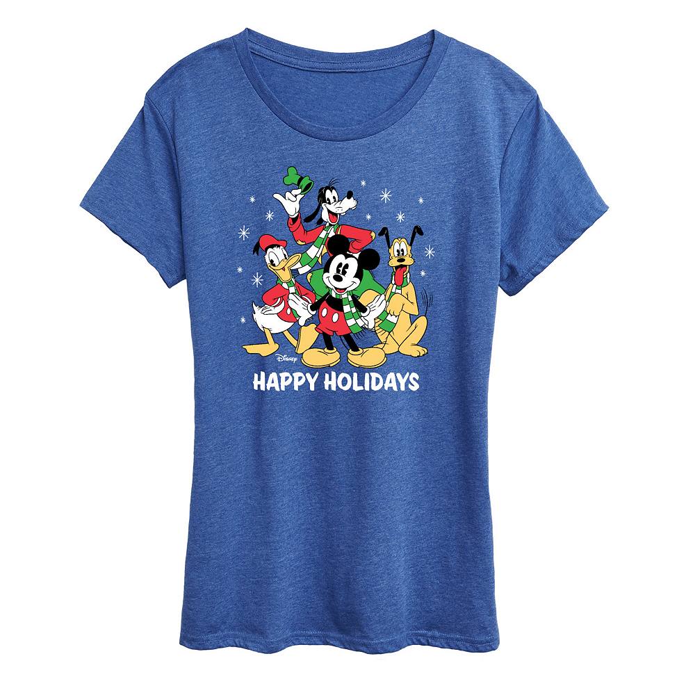 

Женская футболка с рисунком группы «Микки и друзья» Disney's Happy Holidays Licensed Character, цвет Heather Royal Blue