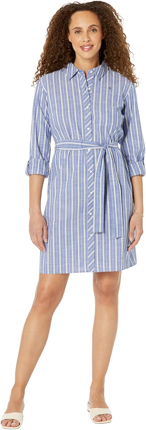 

Женское платье-рубашка Tommy Hilfiger из шамбре в полоску с длинными рукавами, Indigo/Khaki