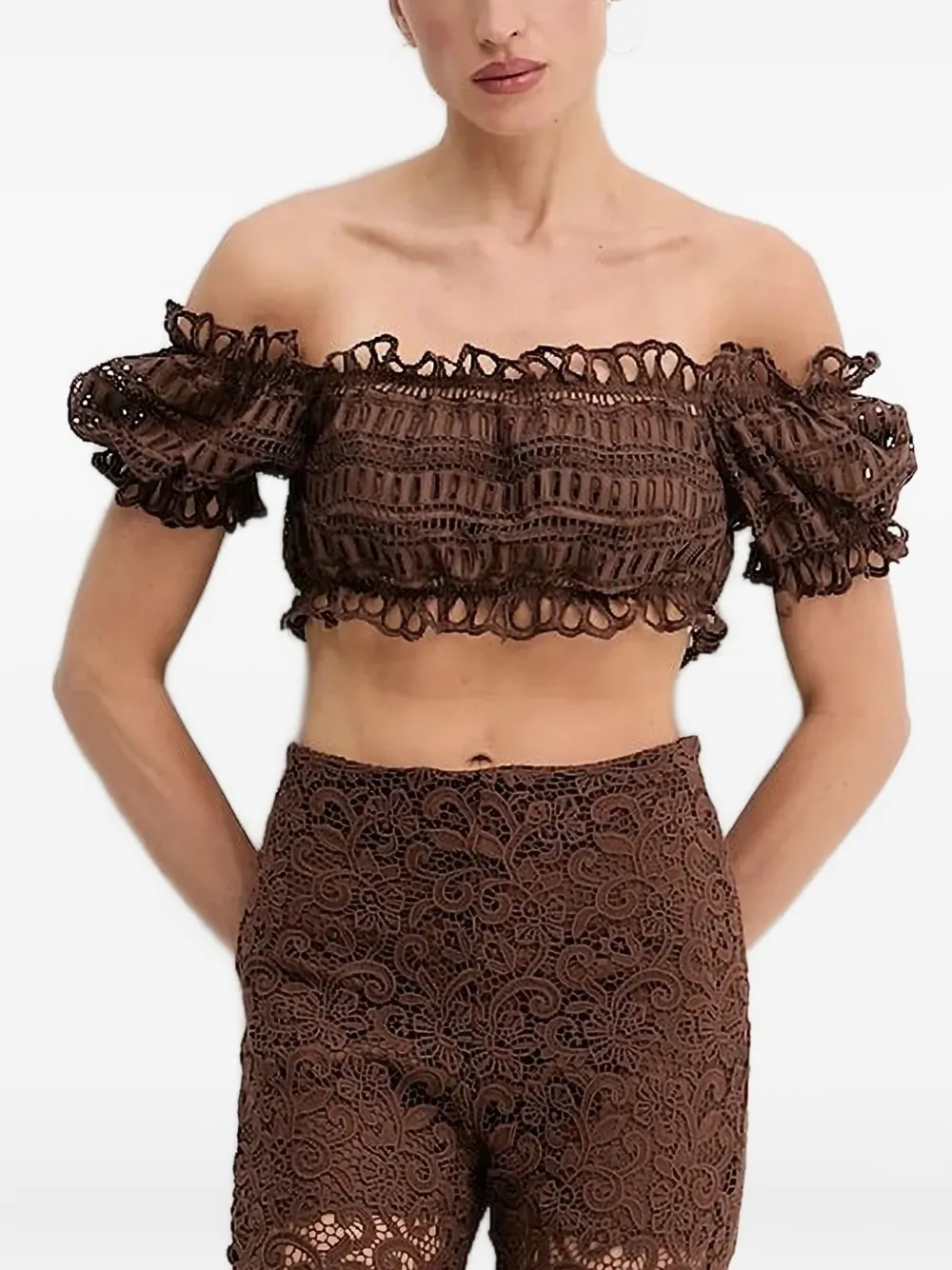 

Топ с открытыми плечами и вышитыми люверсами Ermanno Scervino, коричневый