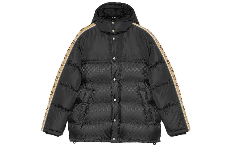 Пуховик Gucci Пуховик с рукавами из жаккардовой ленты, Изысканный декор, Черный — фото 4