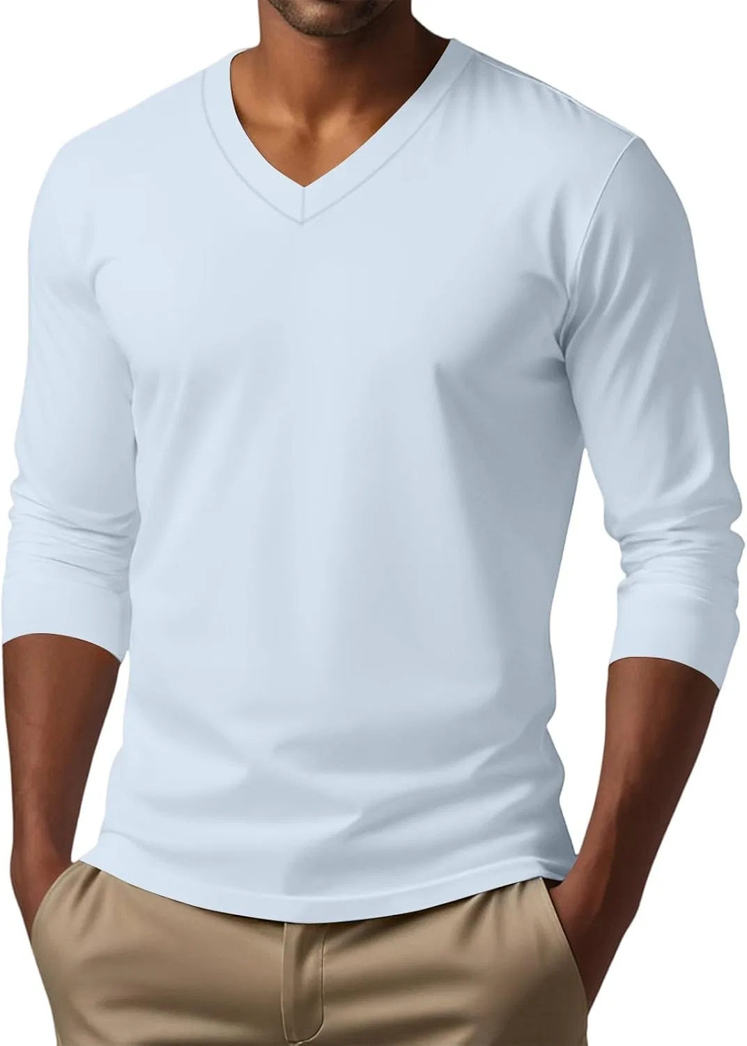 Футболка с длинным рукавом V-образным вырезом, 2-light Blue, M-3XL — фото 2